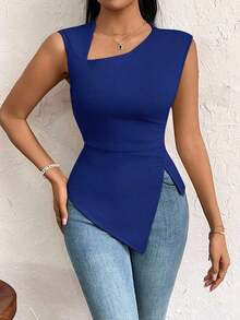 Camiseta de corte ajustado con mangas de obispo de unicolor elegante y simple para uso diario, vacaciones, fiestas y exteriores para mujeres - azul real - Ver 6