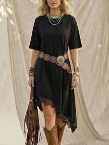 Vestido de talla media de manga corta con bajo asimétrico, de uso diario, de vacaciones y casual, de unicolor con parches de encaje, de moda básica para mujeres - Negro - Ver 7