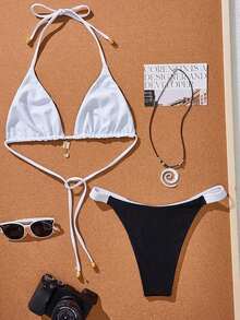 Conjunto de bikini reversible con estampado de lunares en contraste, con escote halter y nudo en la espalda, de estilo dulce y sexy, para vacaciones en la playa - Blanco y Negro 3 - Ver 5