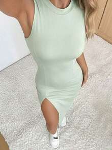 Vestido casual y elegante de mujer con abertura en el bajo, color rosa claro, ligero y cómodo, moda de verano - Verde - Ver 4