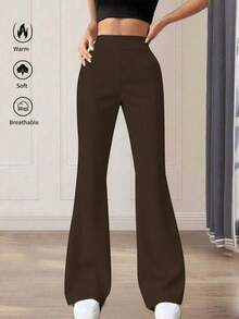 Pantalones acampanados de cintura alta de unicolor casual y deportivo para primavera - Marrón - Ver 2