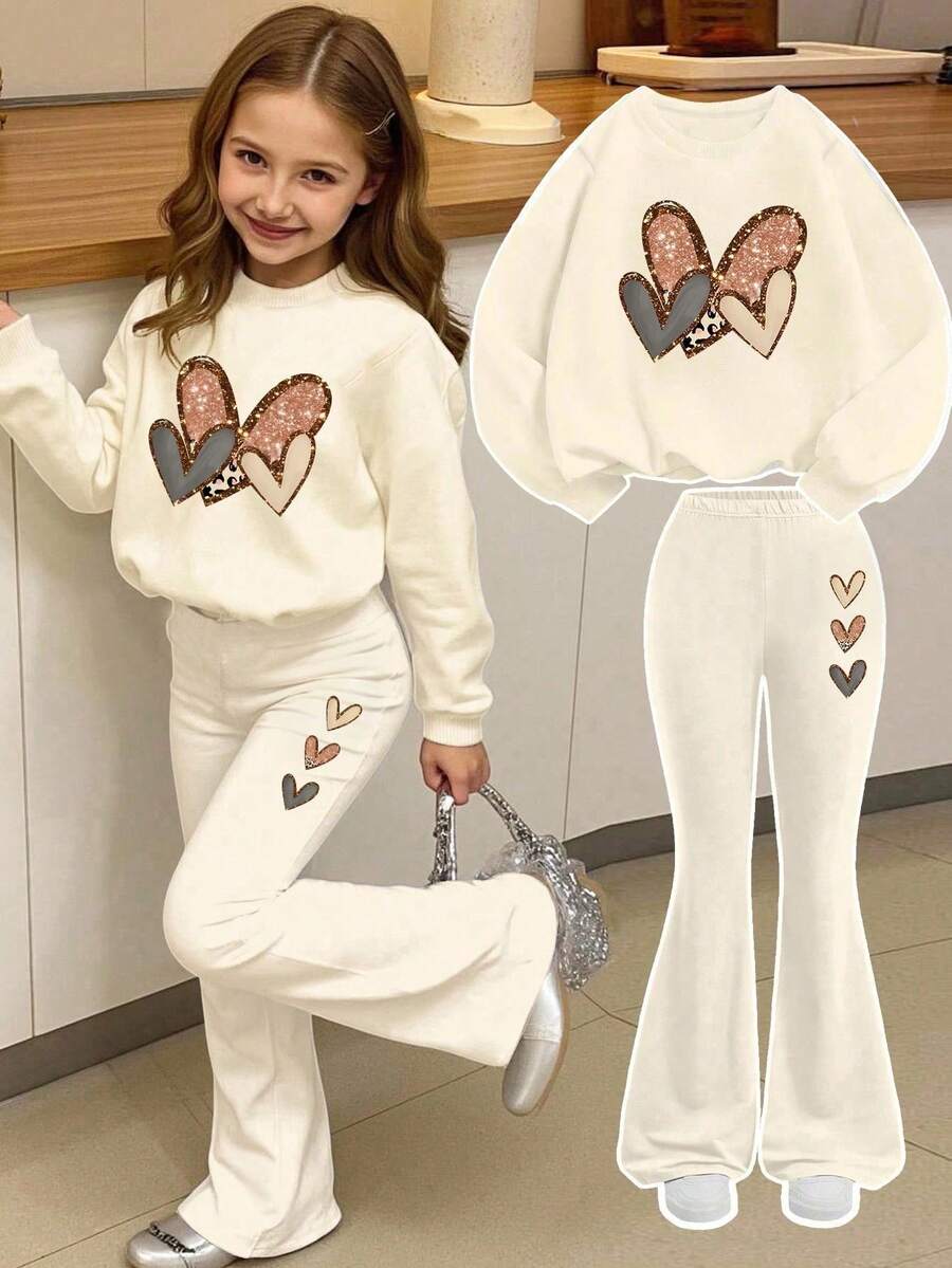 Tween Girl Cartoon Print Crew Neck Sweatshirt And Flare Pants - Apricot - View 1