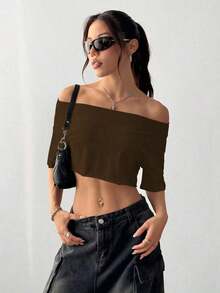 Top corto asimétrico de mujer con cuello blanco y flecos, camiseta de manga corta de moda versátil Y2K oversize y sexy, para primavera/verano - Marrón - Ver 5