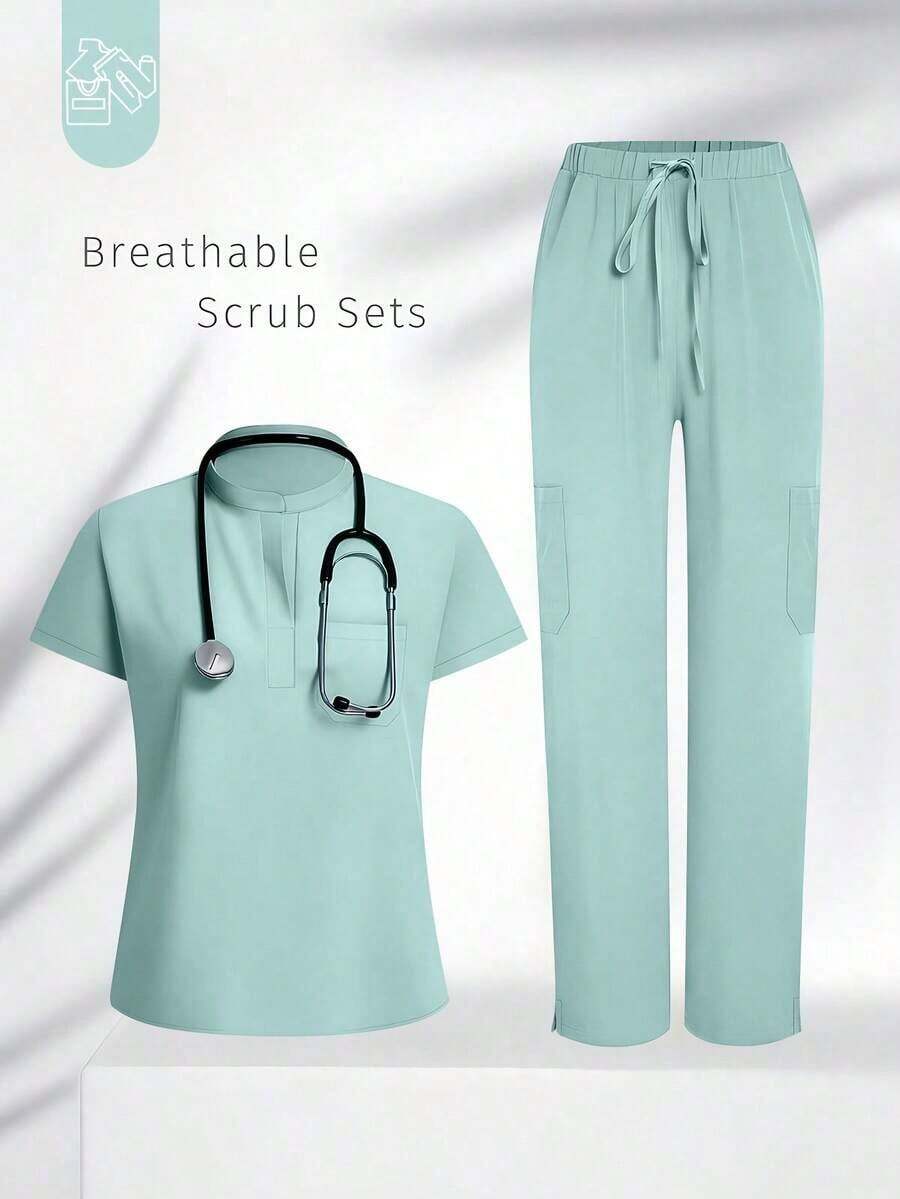 Conjunto de uniforme azul marino para mujer, hecho de tela de alta calidad y transpirable, adecuado para deportes, enfermería y trabajo, con bolsillos, perneras acampanadas, conjunto de uniforme de moda, adecuado para clínicas dentales, conjunto de unifor - verde menta - Ver 1