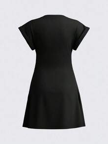 Vestido corto casual de mujer de punto de unicolor con cuello redondo, manga corta y cordón lateral - Negro - Ver 7