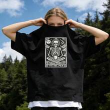 Women's Summer Clothing, Casual Soft Cotton T-Shirt With Round Neck, Tarot Card Print, Meditating Skull And The Dreamer. Black. - 黑色 - 查看 1