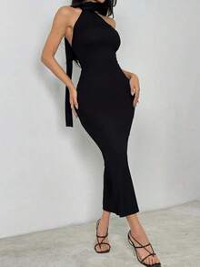 Vestido ajustado de cuello de halter y espalda descubierta - Negro - Ver 6