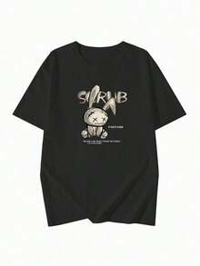 Women's Short-Sleeved T-Shirt, Rabbit Print Design, Round Neck, Casual, Versatile, For Young Girls, Black Color, Spring/Summer. - 黑色 - 查看 3