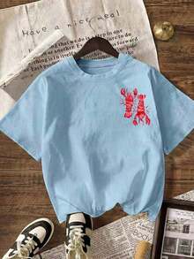 Women's Short-Sleeved T-Shirt With Round Neck, Casual Style, Pink Color Y2K Lobster Summer Beach Club. - 淺藍色 - 查看 3