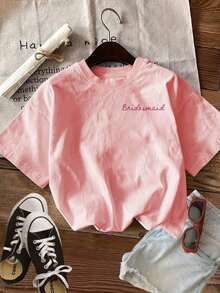 Women's Summer Casual Short Sleeve T-Shirt [Double-Sided Print] Hand-Drawn Style Ring Print Flower Bouquet Pastel Bridesmaid Round Neck 100% Cotton. - 粉色 - 查看 4