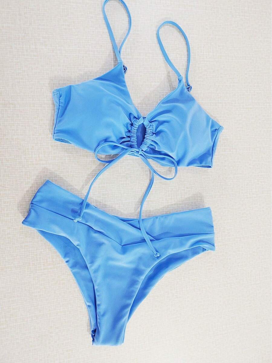 Two-Piece Swimsuit With Neck Tie And Multi-Colored Solid Color Design, Women's Bikini. - Sky Blue - View 1