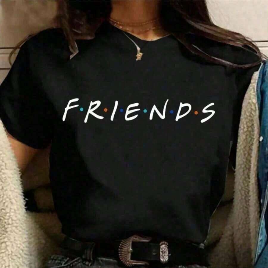 1 Piece Women's Refreshing Summer Friends TV Series Funny Cartoon T-Shirt, Best Friend Graphic Tee, Korean Style Tee, Women's Top 2026180g 100% Cotton, All Patterns Are Printed. Unisex. Pure Cotton. - 黑色 - 查看 1