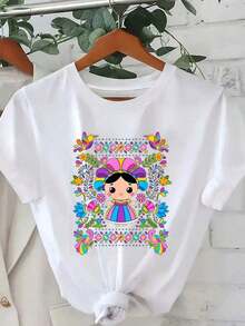 100% cotton Mujer camiseta casual estampado muñeca tradicional mexicana diseño colorido tejido suave holgada cuello redondo manga corta primavera verano uso diario - Blanco - Ver 6