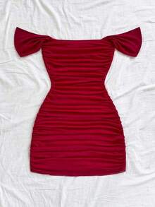 Vestido mini ajustado de punto rojo con hombros descubiertos para mujer, diseño con espalda calada, adecuado para vacaciones, citas, té de la tarde, temporada de bodas, playa, crucero, vacaciones en la ciudad, vacaciones bohemias, festivales de - Rojo 2 - Ver 2