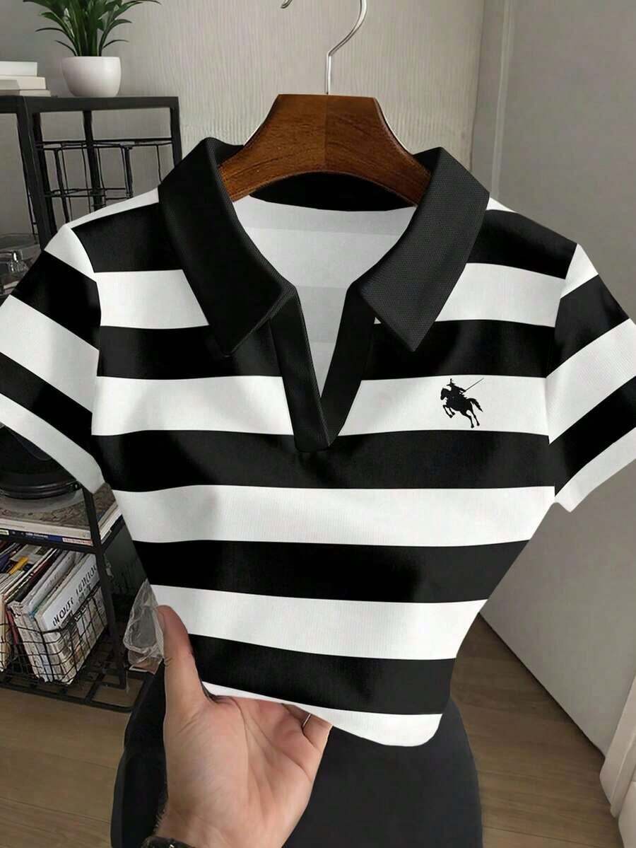 Blusa casual de mujer con cuello polo a rayas y manga corta - Blanco y Negro 2 - Ver 1