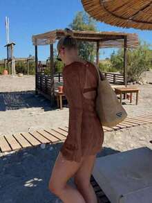 Vestido de suéter casual de unicolor y elegante minimalista para mujer, primavera/verano - Café ligero - Ver 5