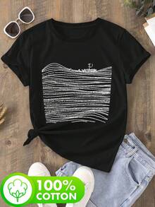 Women's 100% Bohemian Christian T-Shirt - "You Have Faith" With Graphic Design Of Waves And Lighthouse, Soft And Comfortable For Spring/Summer, Casual Style, Bohemian Style | Fabric - 黑色 - 查看 3