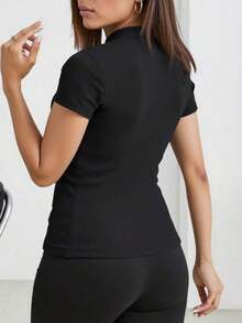 Camiseta casual de mujer de manga corta con cuello mao y unicolor, para verano - Negro - Ver 2