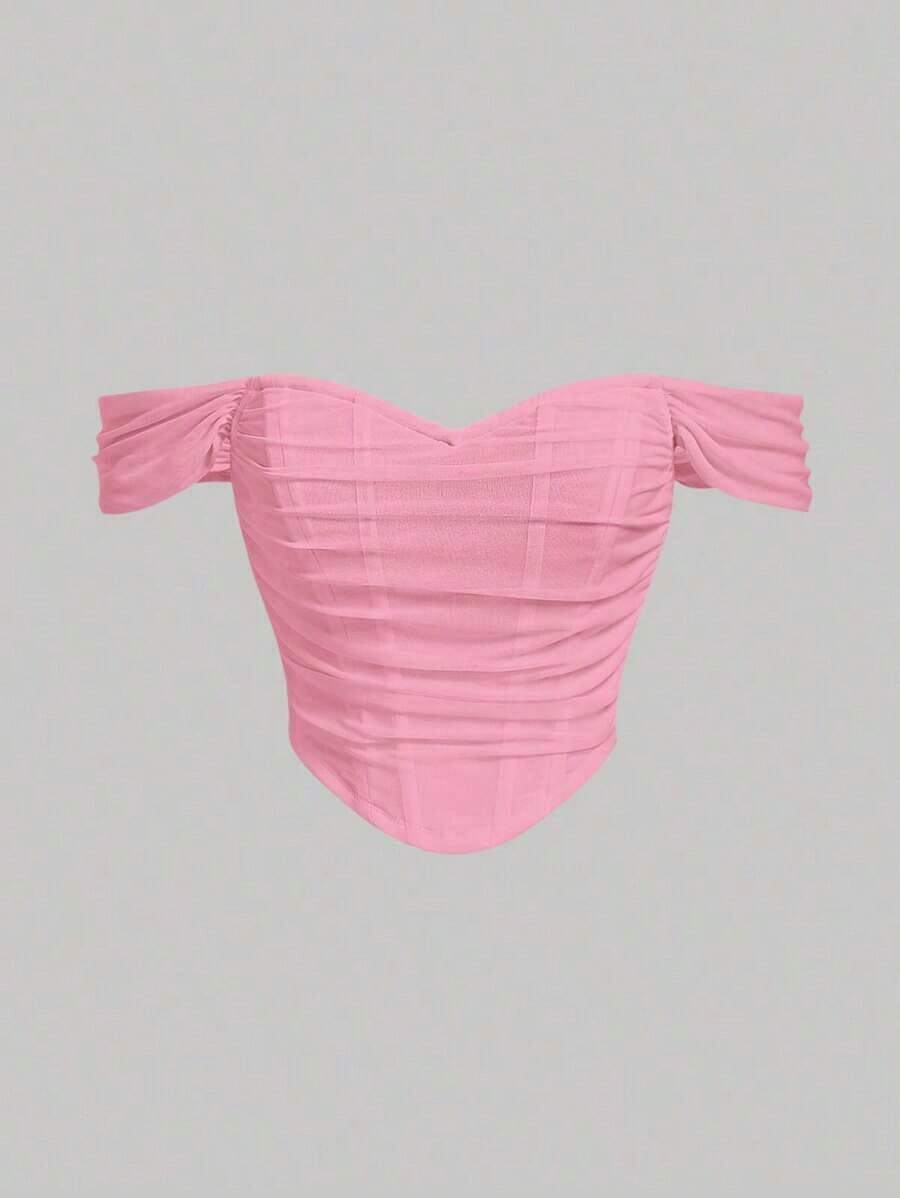 Top crop de hombros descubiertos fruncido bajo asimétrico - Rosa - Ver 1