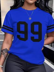 Women's Summer Royal Blue No. 99 Short Sleeve Crew Neck T-Shirt, American Sport Style, Creates A Vibrant And Relaxed Look, Effortlessly Generating A Sporty And Attractive Style - 藍色 - 查看 7