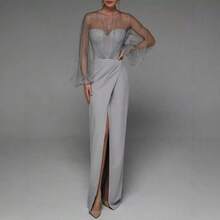 Sensual Spring-Summer Maxi Dress, Strappy And Pearl Design, Long Sleeve For Special Occasions - 灰色 - 查看 4