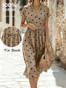 Vestido casual elegante y vintage con estampado de lunares, con bolsillos y lazo en la espalda, silueta minimalista pero refinada de corte evasé con cintura anudada, vestido versátil para oficina/ocasión, conjunto bohemio de lunares para vacaciones, primavera/verano rojo - Caqui - Ver 9