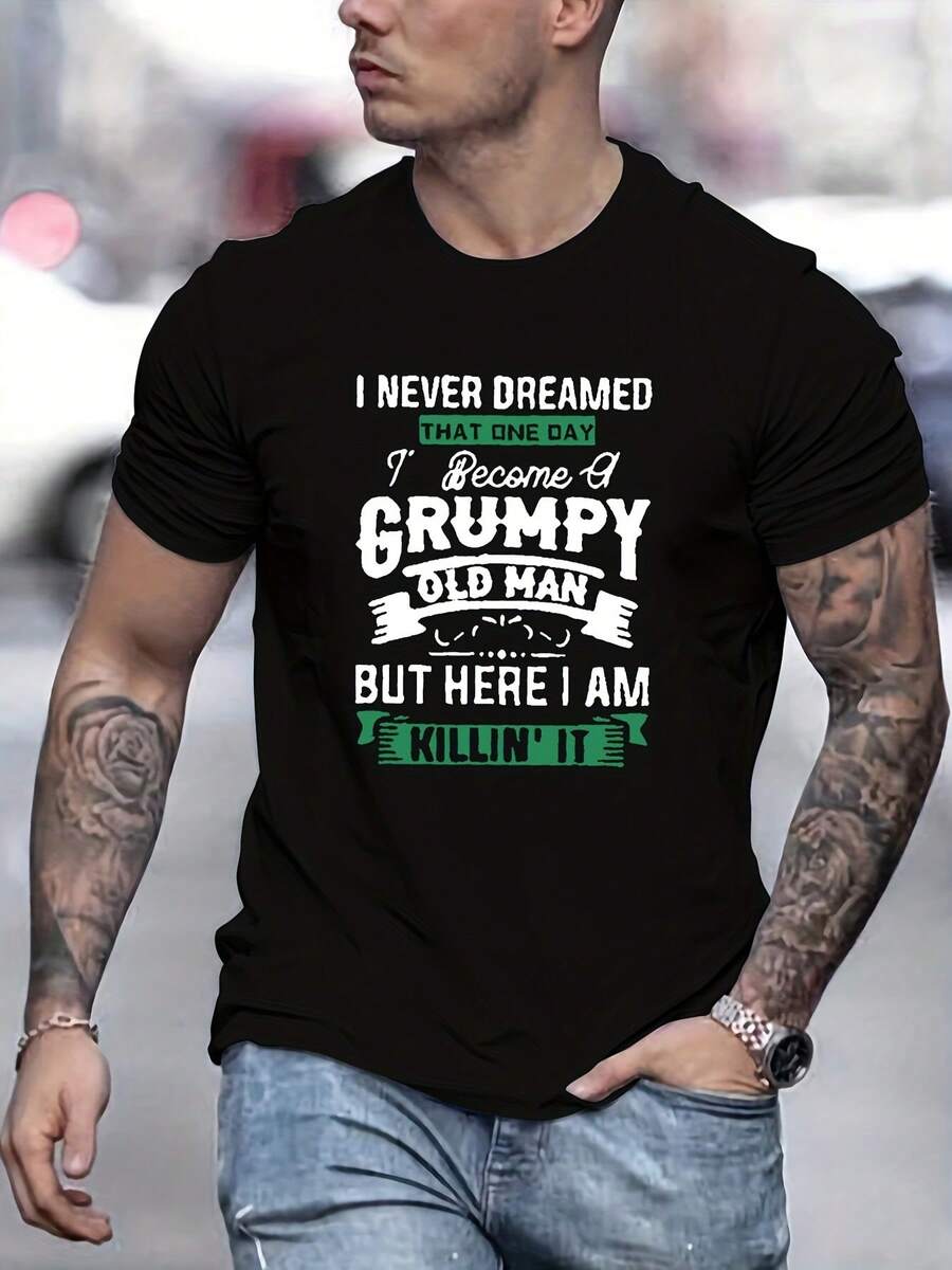 Camiseta cómoda para hombre con estampado de letras de un anciano malhumorado, camiseta gráfica para hombre, ropa de verano para actividades al aire libre, ropa para hombre, camisetas para hombre, regalo para hombre. - Negro - Ver 1