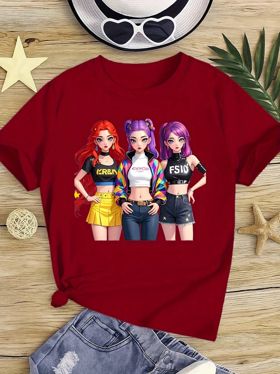 Camiseta de manga corta para niños con estampado de K-Pop, 120-170 cm, cuello redondo, recuerdo para fanáticos de K-Pop, transpirable y lavable a máquina - rojo 1 - Ver 1