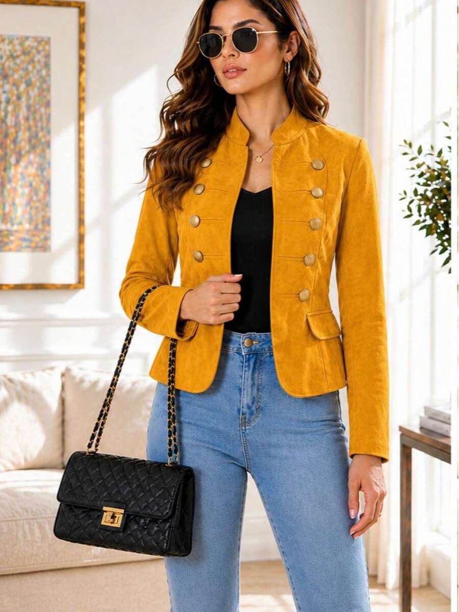 Women's Suede Jacket/Cardigan Fabric With Button Details - Ginger - View 1