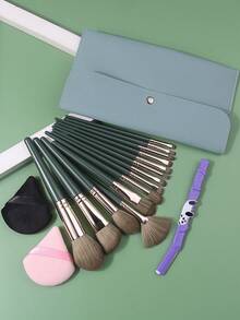 Set Kuas Makeup Hijau 18 Buah dengan Tas Penyimpanan, Puff Bedak & Alat Cukur Alis, Kuas Berbulu Lembut untuk Alas Bedak, Perona Mata & Perona Pipi - Dark Green - View 3