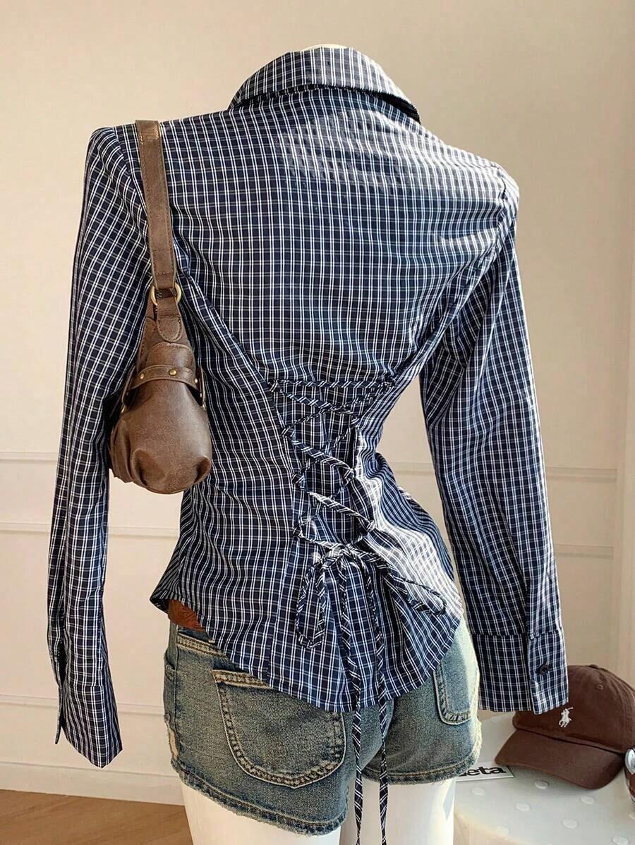 Camisa de manga larga de ajuste ceñido con cintura anudada a rayas rosa, blusa a rayas amarilla para mujer, nueva colección de otoño - Azul 2 - Ver 1
