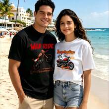 2-Piece Couple Matching Pattern T-Shirt, 100% Cotton, Loose Fit, Soft And Breathable, Casual Round Neck Short Sleeved Top Tropical Beach Scene With Palm Trees And Sunset Versatile Patterns No Picky Combinations Coordinated Dating Casual Travel Simple And Cartoonish Printing Styles High - 黑色 - 查看 1