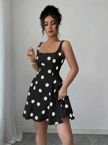 Vestido corto elegante negro con lunares de escote cuadrado - Amarillo claro - Ver 10