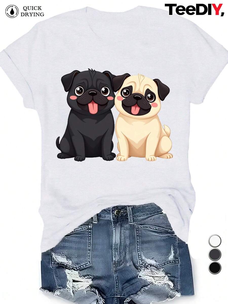 Camiseta Gráfica de Mujer Talla con Diseño de Perros Pug en Negro y Dorado - Suave Camiseta Casual para el Día a Día para Amantes de las Mascotas, Camiseta Cómoda para Todas las Estaciones (Fondo Negro) - Regalo Perfecto para Dueños de Perros, Estilo Relajado, Estampado Divertido, Material Transpirable, Top de Manga Corta - Blanco - Ver 1