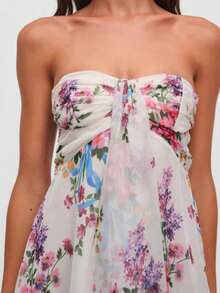 Midi Dress With Floral Print, Sheer Straps, Sensual Style - White - View 2