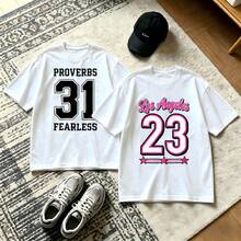 2-Piece Couple Matching Pattern T-Shirt, 100% Cotton, Loose Fit, Soft And Breathable, Casual Round Neck Short Sleeved Top Proverbs 31 Fearless Los Angeles 23 Versatile Patterns No Picky Combinations Coordinated Dating Casual Travel Simple And Cartoonish Printing Styles High Cost-Effectiveness - 白色 - 查看 1