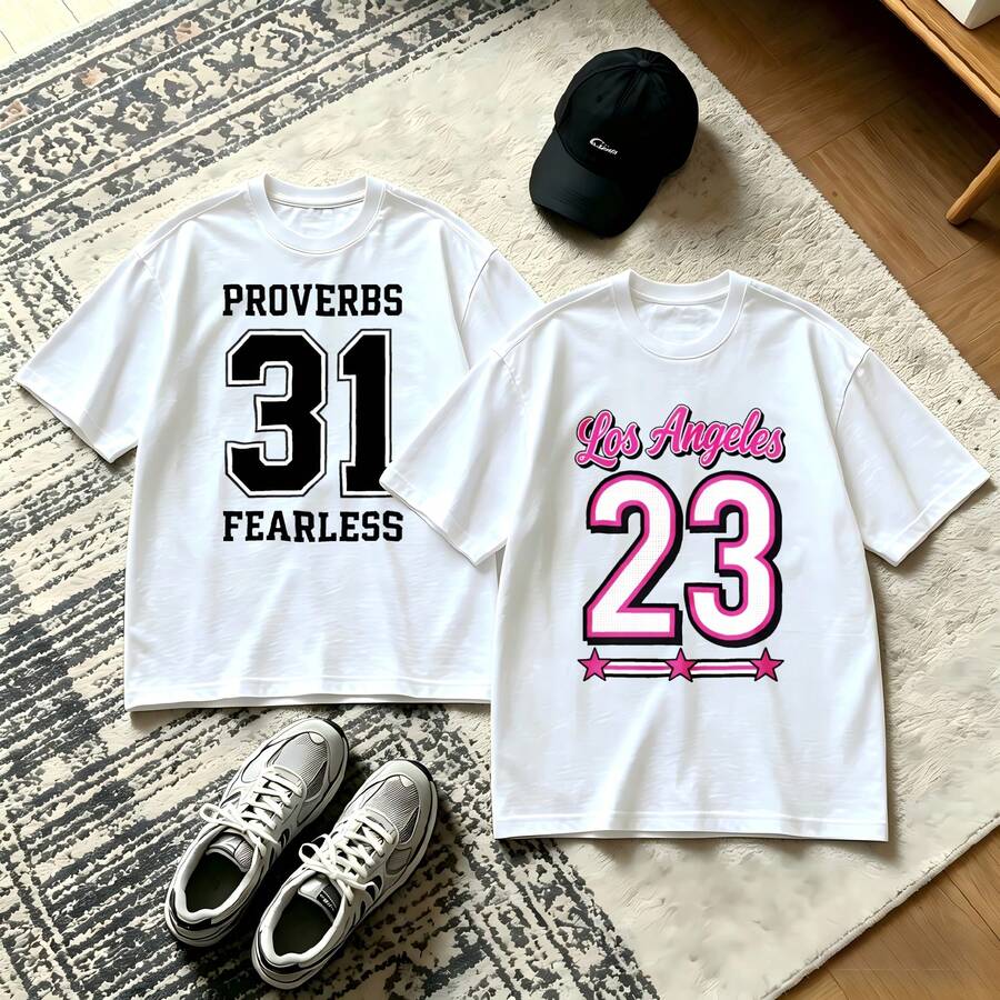 2-Piece Couple Matching Pattern T-Shirt, 100% Cotton, Loose Fit, Soft And Breathable, Casual Round Neck Short Sleeved Top Proverbs 31 Fearless Los Angeles 23 Versatile Patterns No Picky Combinations Coordinated Dating Casual Travel Simple And Cartoonish Printing Styles High Cost-Effectiveness - 白色 - 查看 1
