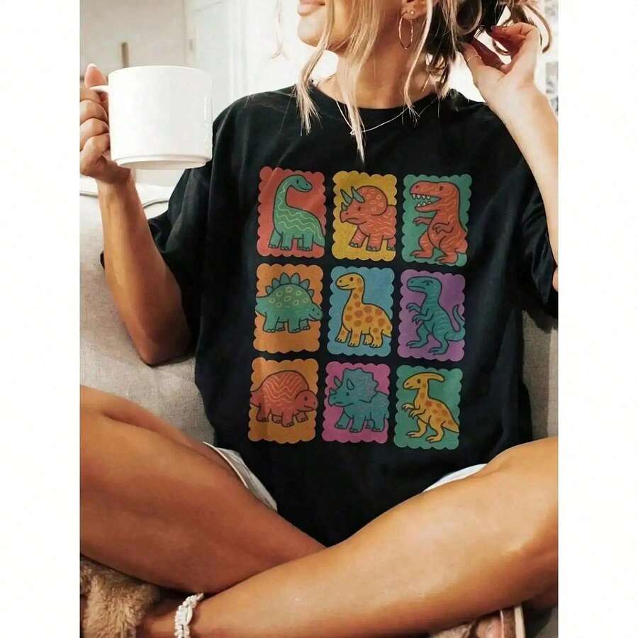 Camiseta Retro con Gráfico de Dinosaurios 663P - Negro - Ver 1