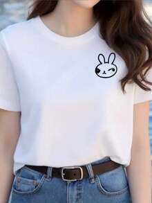 Women's Casual White T-Shirts With An Adorable Rabbit Face Print, Made Of 100% Breathable Fabric. They Have A Round Neck Design, Are Easy To Wash And Offer A Comfortable Fit, Making Them A Great Summer Gift For The Family. - 白色 - 查看 1