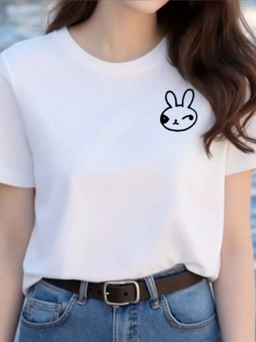 Women's Casual White T-Shirts With An Adorable Rabbit Face Print, Made Of 100% Breathable Fabric. They Have A Round Neck Design, Are Easy To Wash And Offer A Comfortable Fit, Making Them A Great Summer Gift For The Family. - 白色 - 查看 1