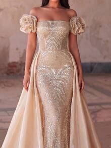 Faeriesty Đầm dạ hội nữ hở vai, đính sequin lấp lánh, dáng đuôi cá, tà dài thướt tha, thiết kế buộc dây phía sau, thích hợp cho tiệc chiêu đãi, tiệc thời trang, lễ kỷ niệm, các dịp lễ trang trọng và đám cưới. - Rượu sâm banh - Xem 4