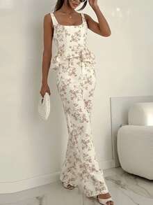 Conjunto casual primavera estilo europeo estampado con volantes elegante moda vacacional para mujer - Blanco - Ver 6