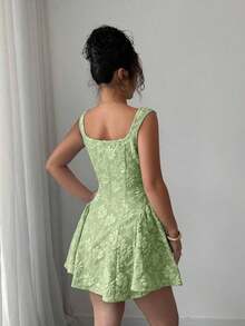 Vestido mini azul de mujer con cuello ancho, sin mangas, cintura recogida y textura de jacquard, elegante y romántico para graduación, baile de graduación, fiesta, festival de música, vacaciones - Verde - Ver 2