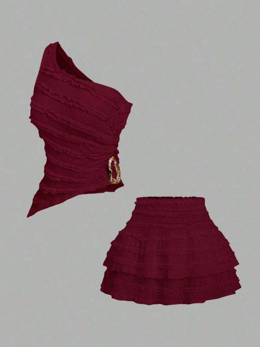 YkhahaSweetra Conjunto de top corto y minifalda con volantes de dobladillo asimétrico y sexy para mujerYkhaha - Burdeos - Ver 1
