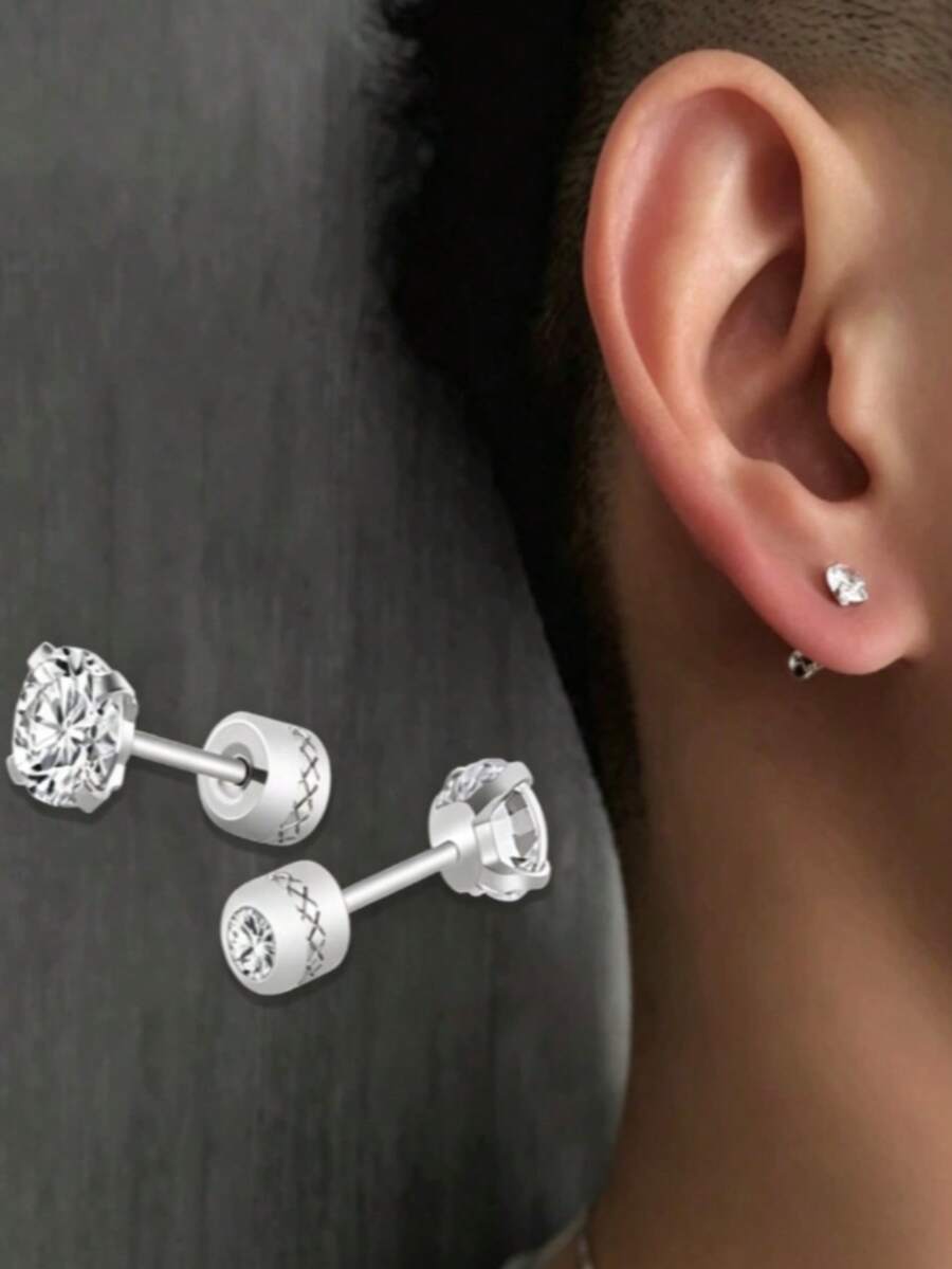 1 Đôi khuyên tai đinh tán 4 chấu kiểu Âu và Mỹ, khuyên tai unisex mạ thép không gỉ đính đá đôi, khuyên tai nam tối giản không gây dị ứng, khuyên tai xỏ lỗ thời trang thường ngày, khuyên tai kẹp tai đa năng - Nhiều màu - Xem 1