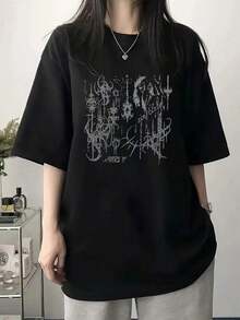 Fashion Printed T‑Shirts for Women, Oversized Streetwear Tops, Comfortable and Stylish All‑Match Summer TeesCamiseta de Verano para Mujer, Manga Corta, Estampado Geométrico, Cuello Redondo, Estilo Coreano, Corte Holgado, Moderna y Versátil - Negro - Ver 4