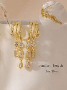 Pendientes de cadena con colgante redondo para mujer, pendientes triples exagerados, pendientes largos, pendientes multicapa chapados en oro con forma de lágrima - Dorado - Ver 5