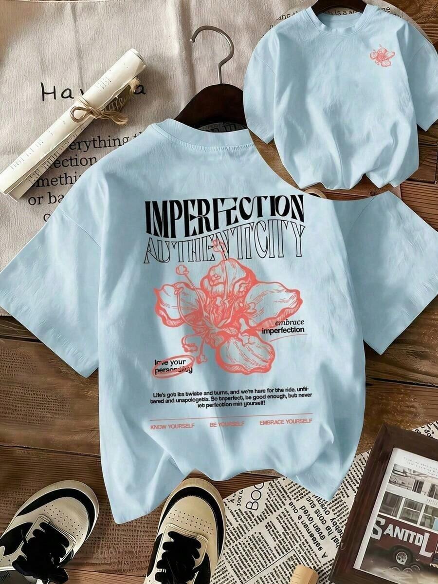 Women's Retro American Style T-Shirt With Hibiscus Flower Print And "Imperfect" Slogan, Loose Fit That Enhances The Silhouette, Artistic And Relaxed Style, Short Sleeve, Suitable For School, City Walks, Spring Outings And Casual Summer Wear. - 淺藍色 - 查看 1