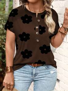 Camiseta de manga corta con cuello en V y estampado floral geométrico de color café oscuro, talla grande, para primavera/otoño - Multicolor - Ver 9