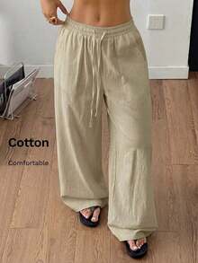 100% Cotton Washed White Trousers, Basic Minimalist Bohemian Style, For Summer Concerts, Outings And The Beach - 杏 - 查看 3
